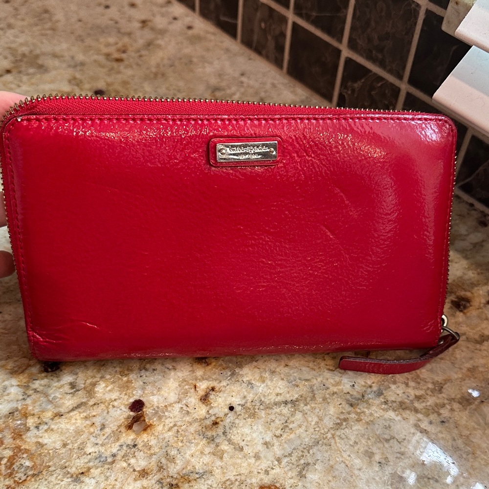 Kate Spade patent red leather zip around wallet